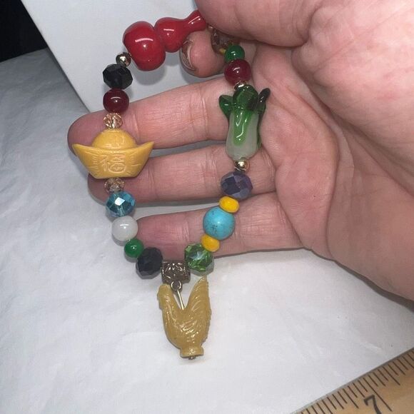 Year of the Rooster Chinese Good Luck Charm Glass Bead Stretch Bracelet - Picture 6 of 10